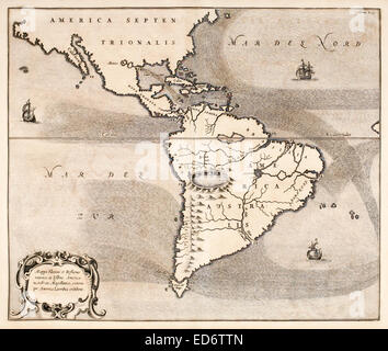"Mappa Fluxus et Refluxus Rationes in Isthmo Americano" 17. Jahrhundert Karte von Nord- und Südamerika zeigen die Meeresströmungen. Es zeigt auch Flüsse, Seen, die Anden als Vulkane und ein riesiger See in einem Krater als die Quelle des Amazonas. Siehe Beschreibung für mehr Informationen. Stockfoto