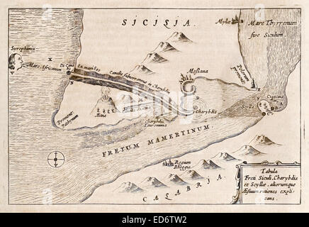 "Tabula Freti Sikuler, Charybdis et Scyllae" 17. Jahrhundert Darstellung der Meerenge von Messina zeigt Mount Etna, Scylla und der Charybdis. Das Bild zeigt eine Erklärung für den Whirlpool, der einmal geglaubt wurde, um ein Seeungeheuer zu werden. Siehe Beschreibung für mehr Informationen. Stockfoto