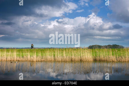 Ein Radfahrer am Ufer des River Hull an einem hellen sonnigen Nachmittag im Winter mit Himmel und Reflexionen, Beverley, Yorkshire, Großbritannien. Stockfoto