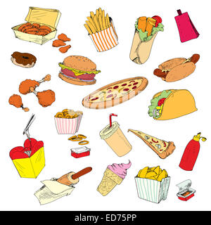 Fastfood-Sammlung. Handgezeichnete Grafik Illustrationen Stockfoto