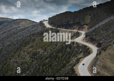 Eine enge S Biegung auf der Great Alpine Road als es schlängelt sich entlang der Seite des Mt Hotham Victoria Australien Stockfoto