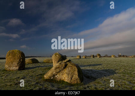Die Bronzezeit Steinkreis lange Meg und ihre Töchter an einem frostigen Wintertag Stockfoto
