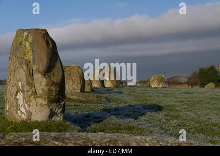 Die Bronzezeit Steinkreis lange Meg und ihre Töchter an einem frostigen Wintertag Stockfoto