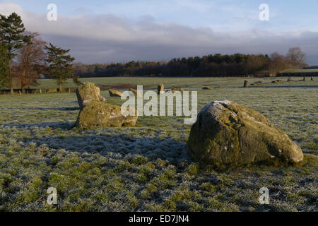 Die Bronzezeit Monolithen und Stein Kreis Long Meg und ihre Töchter an einem frostigen Wintertag Stockfoto
