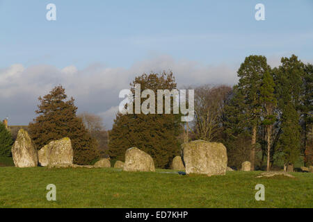 Die Bronzezeit Monolithen und Stein Kreis Long Meg und ihre Töchter an einem frostigen Wintertag Stockfoto