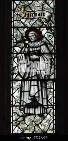 Buntglasfenster von James Powell & Sons mit Darstellung von St. Bernard, Canons Ashby Priory Church, Northamptonshire Stockfoto