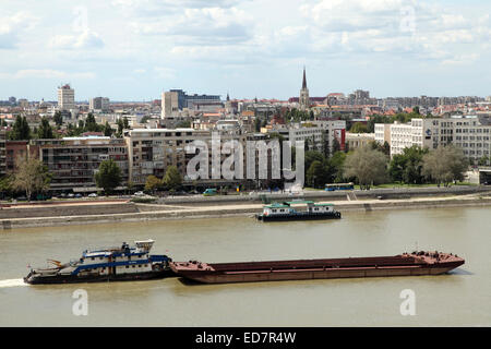 Schiffe auf der Donau in Novy Sad, Serbien. Petrovaradin Festung [nicht im Blick] mit Blick auf die Donau. Stockfoto