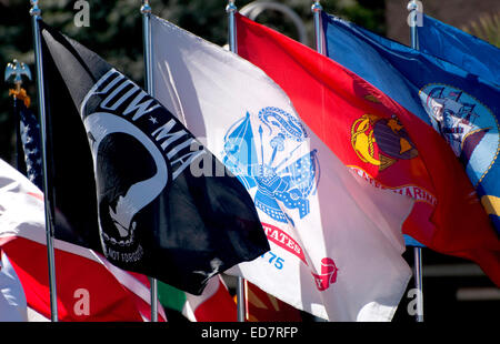 Flags sind in der Veterans Day Parade, die amerikanischen Militärs im Ruhestand, in Tucson, Arizona, USA ehrt angezeigt. Stockfoto