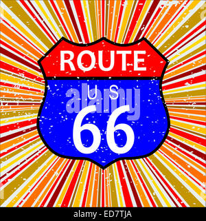 Abstrakte Route 66 Zeichen und Retro-Grunge Hintergrund Gestaltungselement in roten und Orangen Stockfoto