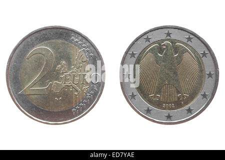 Zwei-Euro-Münze isoliert über weiße - Vorder-und Rückseite Stockfoto
