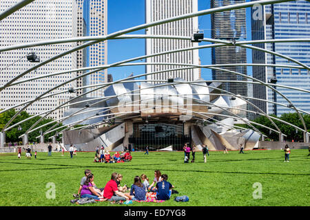Chicago Illinois, Loop, Millennium Park, Jay Pritzker Music Pavilion, Bandshell, Harris Theatre, Theater, Frank Gehry Architect Designer, Skyline der Stadt, Skyscra Stockfoto