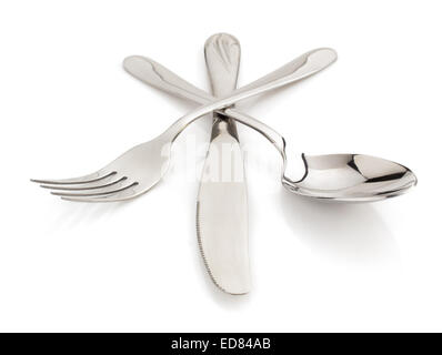 Messer, Löffel und Gabel isoliert auf weißem Hintergrund Stockfoto