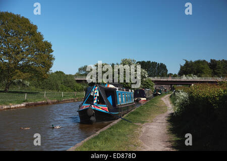 Narrowboats vertäut am unteren Rand der Wheelock Flug von Schlössern, Heartbreak Hill auf dem Trent und Mersey Kanal Cheshire Stockfoto