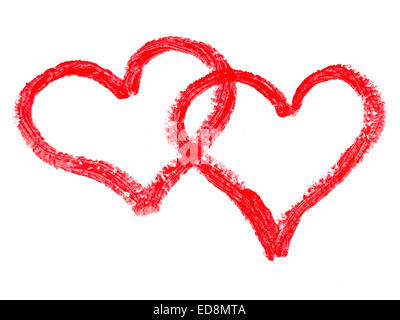 Zwei Lippenstift bemalten Herzen isoliert auf weiss Stockfoto