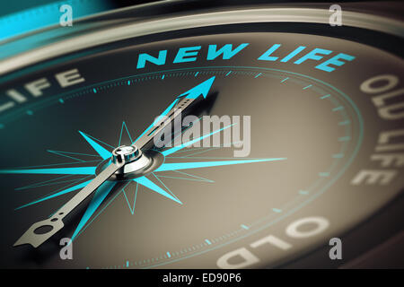 Kompass mit Nadel zeigt das Wort neues Leben, Konzept-Bild zu ändern Motivation Konzept veranschaulichen. Stockfoto