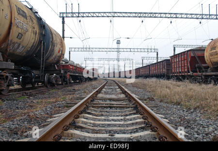 Fracht Wagen Frachtcontainer in geparkten auf Eisenbahn Stockfoto