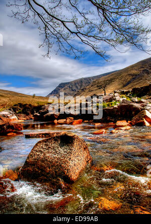 Der Fluß Etive fließt durch Glen Etive vor Ableitung in das Loch mit dem gleichen Namen in den Highlands von Schottland Stockfoto