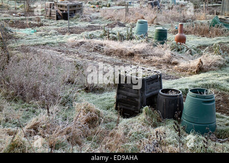 Kleingärten im Winter, Warwick, UK Stockfoto