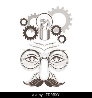 Illustration des menschlichen Kopfes, Zahnräder und Lampe als Denkprozess im Retro-Stil, isoliert auf weiss Gravur gezeichnet Stockfoto