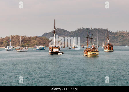 Boote verankert in der Bucht von Labuan Bajo auf der Insel Flores in East Nusa Tenggara, Indonesien. Stockfoto