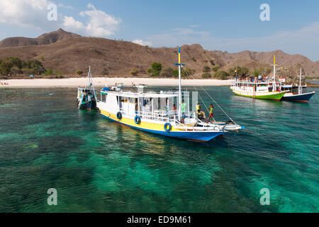Ausflugsboote verankert vor rosa Beach, Teil des Komodo Insel, Ost-Nusa Tenggara, Indonesien. Stockfoto