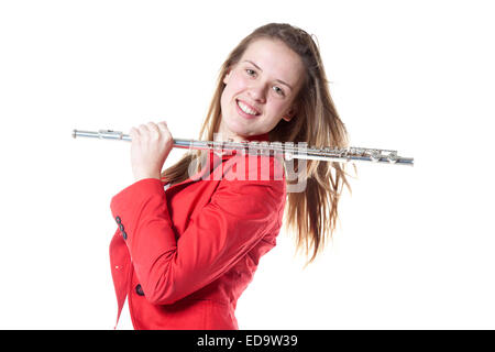 Teenager-Mädchen hält Querflöte im Studio mit weißem Hintergrund Stockfoto