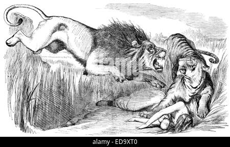 1857 Punch cartoon "Der britische Löwe Rache an dem bengalischen Tiger" kommentieren die Belagerung von Lucknow von Sir John Tenniel Stockfoto