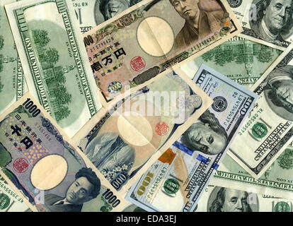 US-Dollar und japanischen Banknoten (Yen) Hintergrund Stockfoto