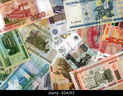 Russischen und weißrussischen Banknoten (Rubel) Hintergrund Stockfoto