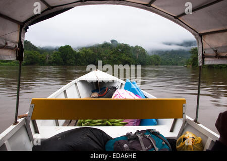 Reisen Sie mit dem Chalupa Boot durch Amazonas Fluss von Peru in der Regenzeit Stockfoto