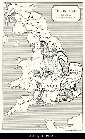 Karte von Großbritannien in 593 AD zeigt die sächsischen Königreiche von England Stockfoto