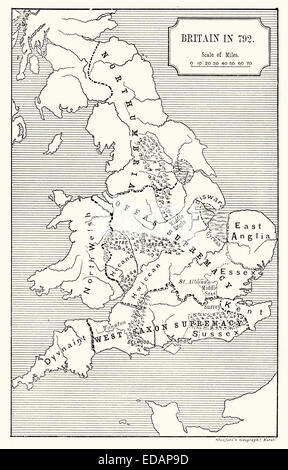 Karte von Großbritannien in 792 AD zeigt die Überlegenheit von König Offa. Offa war König von Mercia, ein Königreich der Anglo-Saxon England, von 757 Stockfoto