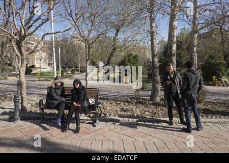 Teheran, Iran. 3. Januar 2015. 3. Januar 2015 - Teheran - zwei iranische Frauen sitzen auf eine Bank als zwei Männer stehen neben ihnen in einem Park in zentralen Teheran. Morteza Nikoubazl/ZUMAPRESS © Morteza Nikoubazl/ZUMA Draht/Alamy Live-Nachrichten Stockfoto