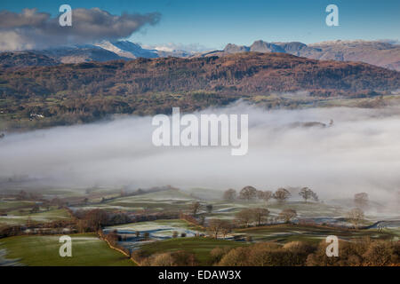 Niedrige Nebel oberhalb Outgate, gesehen vom Gipfel des Latterbarrow mit den Langdale Pikes in der Ferne, Seenplatte, Cumbria Stockfoto