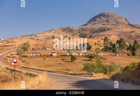 HHOHHO, Swasiland, Afrika - ländliche Siedlung, Häuser, Gebäude und Landwirtschaft und asphaltierte Highway. Stockfoto