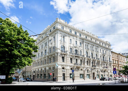 Fassade des Gebäudes in Nr. 10 b Elizabetes Iela Straße, Jugendstil, vom Architekten Mikhail Eisenstein, Riga, Lettland Stockfoto