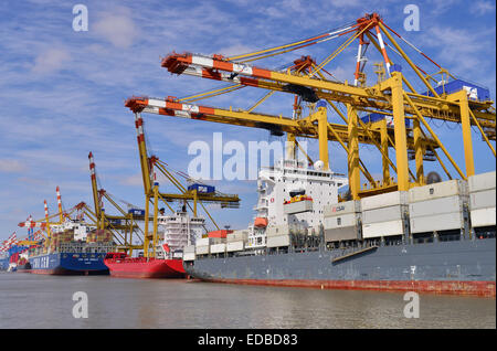 Containerschiffe und Portalkrane, Stromkaje Kai Wilhelm Kaisen-Terminal, Container Terminal Bremerhaven, Bremerhaven, Bremen Stockfoto