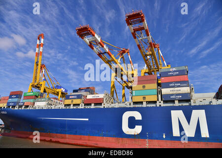 Containerschiff und Portalkrane, Stromkaje Kai Wilhelm Kaisen-Terminal, Container Terminal Bremerhaven, Bremerhaven, Bremen Stockfoto