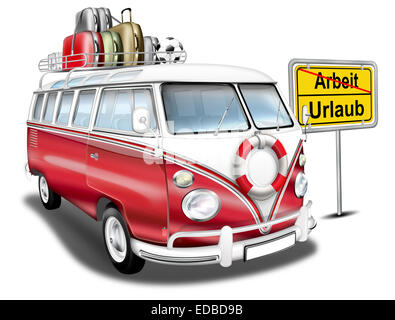 VW Bus, VW Bus T1, deutsche Oldtimer als Camper, rot und weiß, mit Stadtgrenzen zu unterzeichnen, "Arbeit" und "Urlaub" Stockfoto