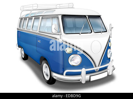 Deutsche Oldtimer VW Bus, VW Bus T1, als Camper, blau und weiß, Abbildung Stockfoto