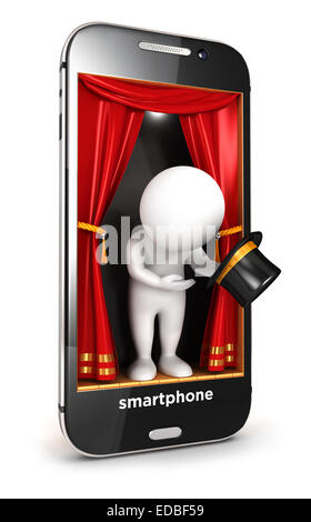3D weiße Leute auf Smartphone-Bühne, isolierten weißen Hintergrund, 3d Bild Stockfoto