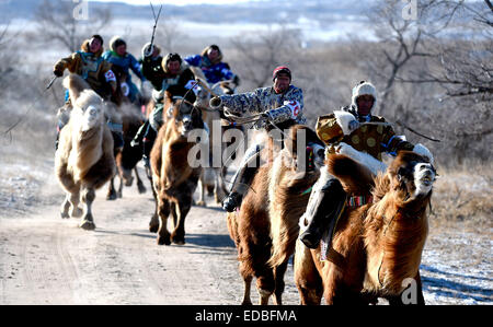 West Ujimqin-Banner, Chinas autonomen Region Innere Mongolei. 5. Januar 2015. Während der 10-Kilometer-Kamelrennen im Westen Ujimqin-Banner, Nord-China autonomen Region Innere Mongolei, 5. Januar 2015 konkurrieren Hirte. Eine Kamele-Festival fand hier die Kamele Kultur am Montag zeigen. Bildnachweis: Ren Junchuan/Xinhua/Alamy Live-Nachrichten Stockfoto