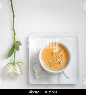 Draufsicht der Kaffeetasse mit weißer rose Stockfoto