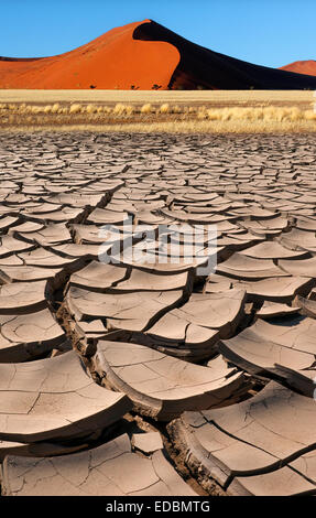 Trockene Erde und Sand Dune im morgendlichen Sonnenlicht in der Nähe von Sossusvlei in der Namib Wüste in Namibia. Stockfoto