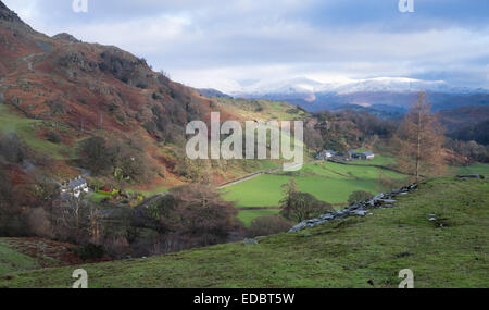 Sonne leuchtet das grüne Tal des Tilberthwaite im Lake District.  Schnee bedeckt die fernen Berge. Stockfoto