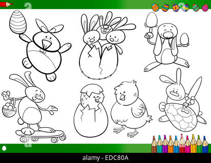 Frohe Ostern Themen Sammlungssatz Schwarzweiß Cartoon Illustrationen mit Hasen und Hühnern und Eiern für Malbuch Stockfoto