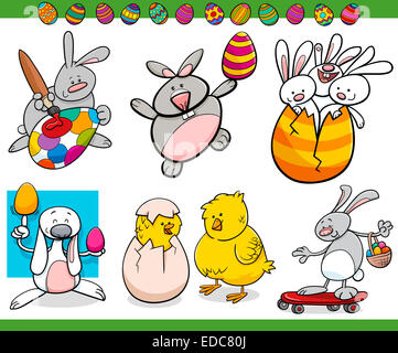 Cartoon-Illustration von Themen Frohe Ostern mit Hasen und Küken mit Eiern Stockfoto