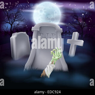 Eine gruselige Zombie Grab Halloween Illustration mit Vollmond im Hintergrund Stockfoto