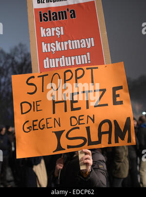 Berlin, Deutschland. 5. Januar 2015. Menschen versammeln sich für die Teilnahme an einem Protest der türkischen Community in Berlin vor dem Brandenburger Tor in Berlin, Deutschland, 5. Januar 2015. Foto: RAINER JENSEN/DPA/Alamy Live-Nachrichten Stockfoto