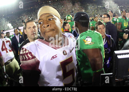 1. Januar 2015-quarterback Florida State Seminolen Jameis Winston #5 nach College Football Playoff-Halbfinale in der Rose Bowl-Spiel präsentiert von Northwestern Mutual in der Rose Bowl in Pasadena, Kalifornien. Stockfoto